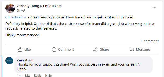 CMFAS Exam Facebook Testimonial